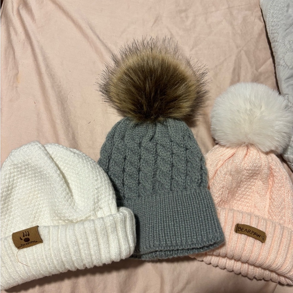 BearPaw Baby (6-12 month) Beanie Trio - Cream, Gray, Pink